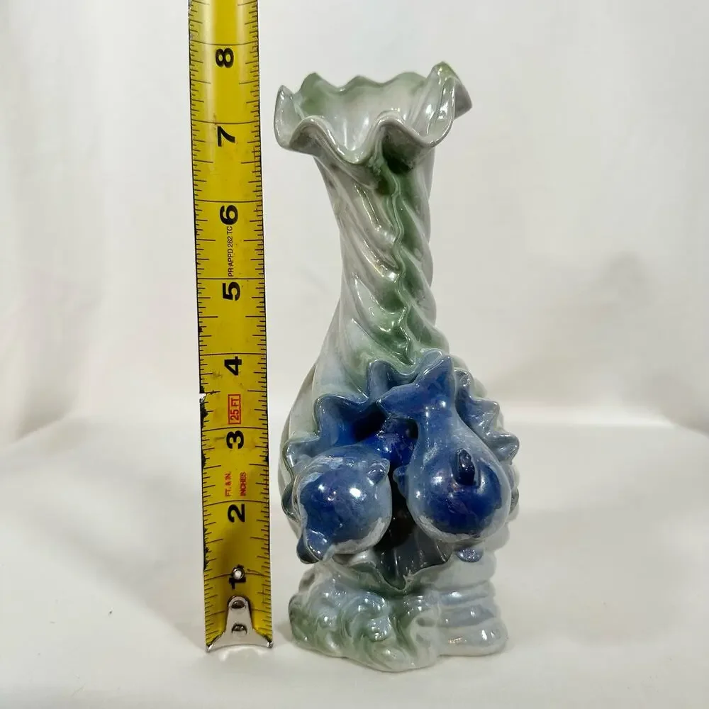 VTG Ceramic Iridescent Blue Sea Ocean Wave 2 Dolphins Scallop Shell Bud Vase
